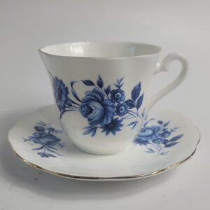 Elizabethan by Taylor & Kent Bone China Cup & Saucer Set White with Blue Roses